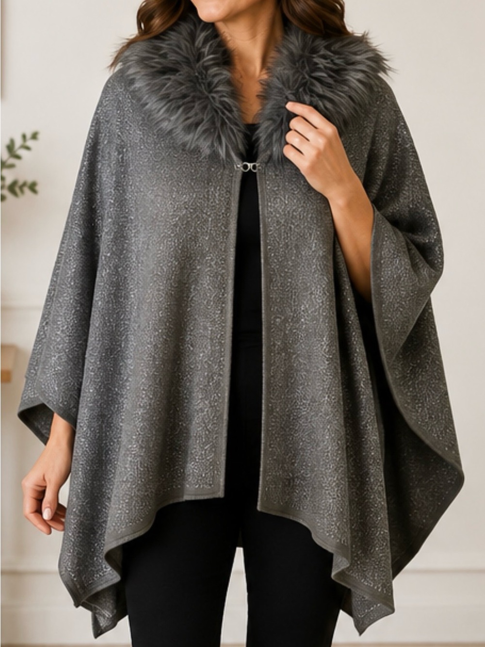 Adrienne Vittadini Charcoal Gray Faux Fur Collar Cape